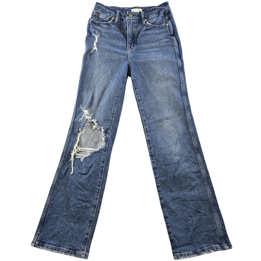 Good American Jeans Womens 0 Blue Straight High Rise Distressed 28 Inseam Denim